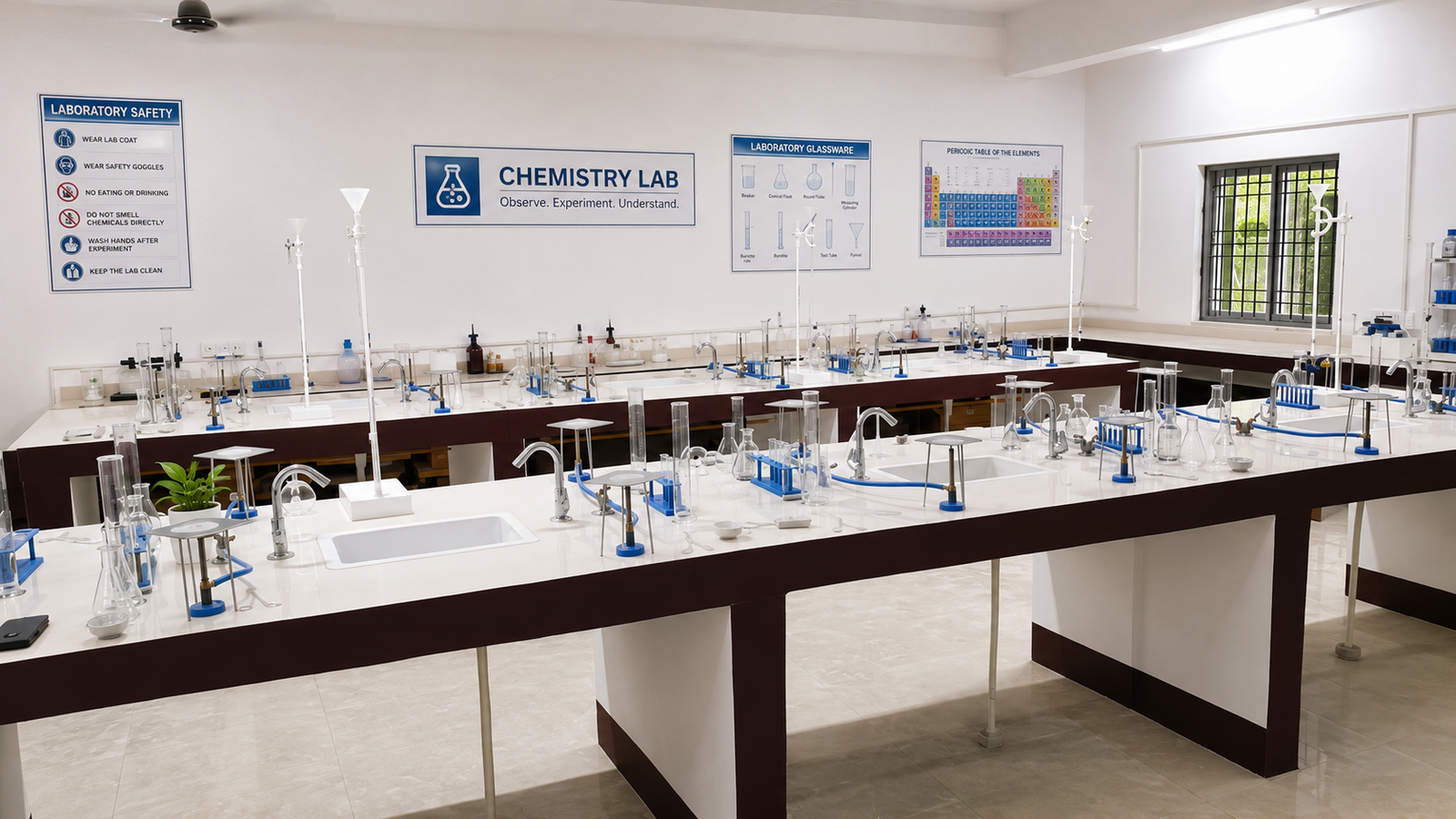 Modern pharmaceutical laboratory with analytical equipment, clean white benches, bright overhead lighting, professional scientific environment